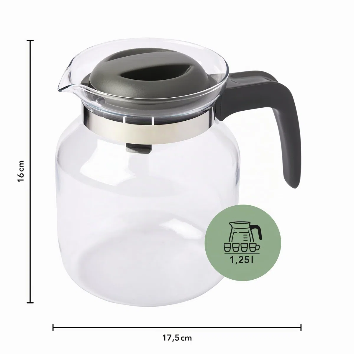 wenco Jarra de cristal de 1,25 l, ideal para té, café y bebidas frías, resistente al calor, con tapa y boquilla de apertura, apta para lavavajillas e irrompible, transparente/gris