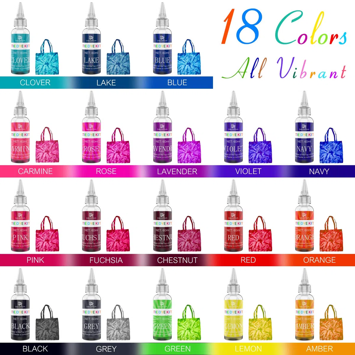 Tie Dye Kit 18 Colores - Pinturas Textiles de Tela Vibrantes para Camiseta, Niño y Adultos Pintura de Ropa DIY - Tinte Fabric Tie-Dye Permanente Todo en 1 para Camisa, Shirts, Hoodie, Niña, Fiesta