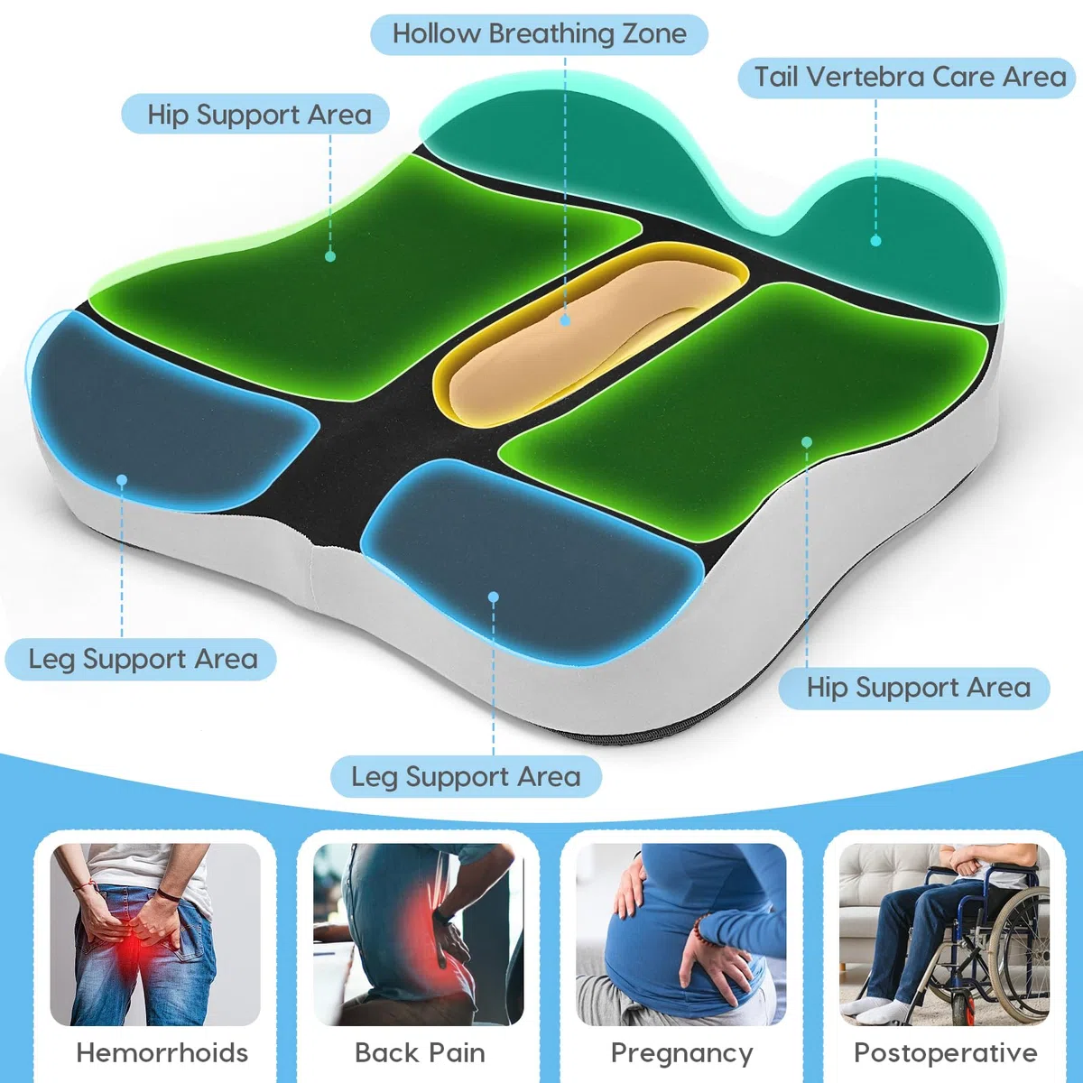 Cojín de asiento de espuma viscoelástica, cojín ergonómico para el dolor de coxis y alivio de la ciática, cojín de alivio de presión de hemorroides, cojines de asiento de coche para conducir