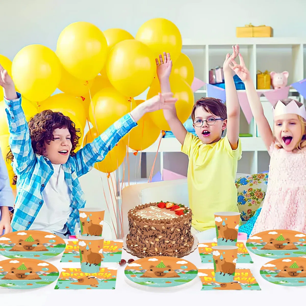 61 Piezas Capybara Party Tableware, fiesta temática Capybara, juego de vajilla incluye platos, tazas, servilletas, manteles, adecuado para baby shower, fiesta de cumpleaños (20 personas)