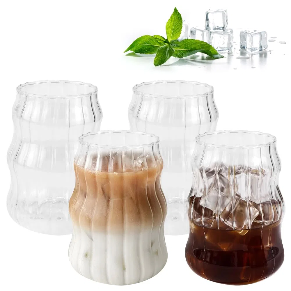 Kleemeiero 4 PCS Vasos de Vidrio para Café 530ML Vasos de Cristal con Forma de Ondulada, Tazas para Batidos, Vasos de Cóctel, Cerveza, Whisky, Latte, Macchiato, Hacer Bebidas y Fiesta Verano