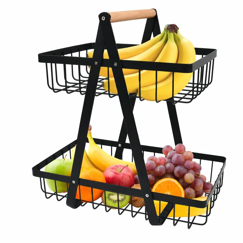 Cesta de Frutas de 2 Niveles, Fruteros de Cocina 2 Pisos, Cesta de Cocina para Frutas y Verduras, Negro Frutero 2 Pisos para Cocinar, Verduras, Aperitivos y Pan
