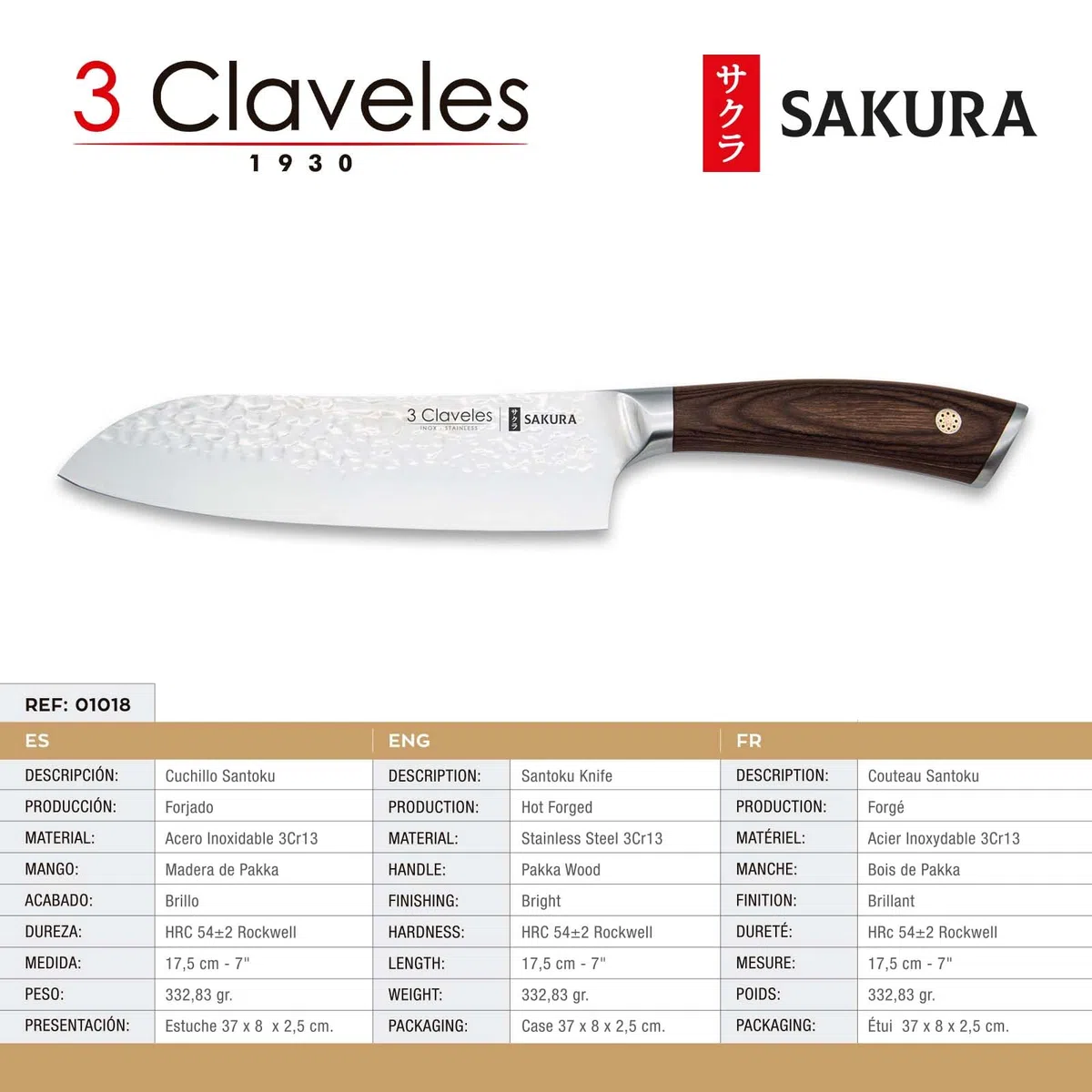 3 CLAVELES Cuchillo Forjado SANTOKU Sakura 01018 17