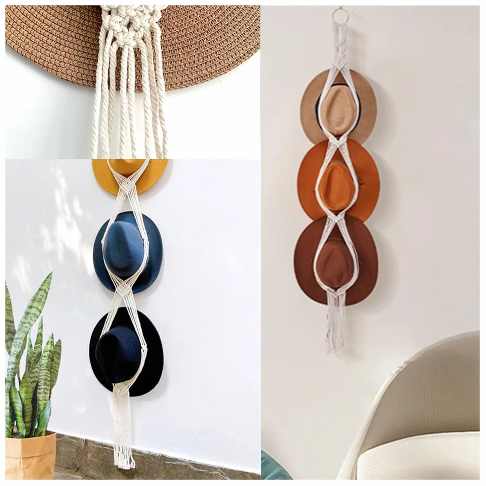 2 perchas de macramé para sombrero, perchero para sombrero, soporte para colgar sombreros bohemios, organizador de sombreros para colgar en la pared para almacenamiento de gorras de ala