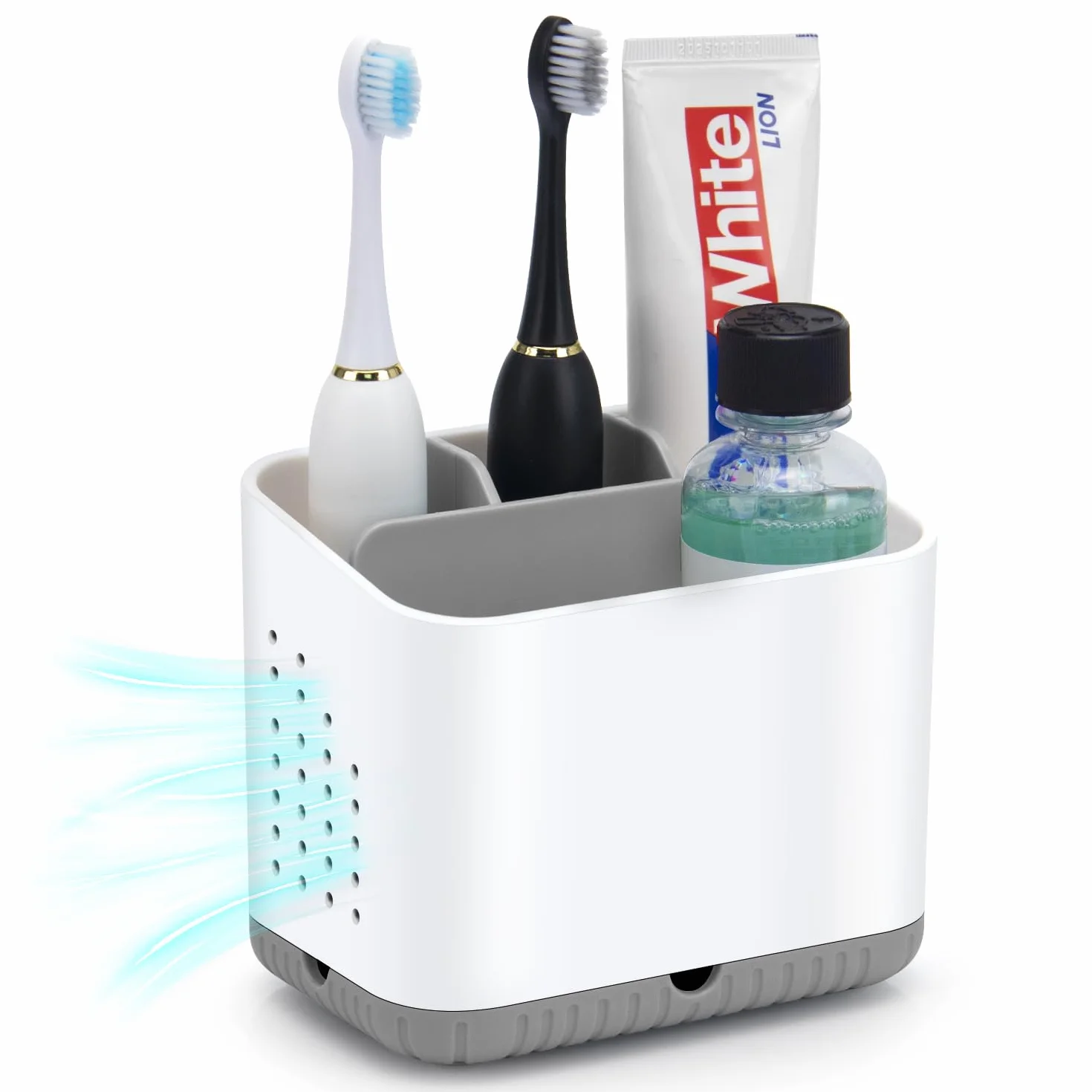 Portacepillos de dientes de plástico antideslizante Portacepillos de dientes para cepillo eléctrico con 4 ranuras para el baño, Organizador de cepillos de dientes extraíble Gris con desagüe para