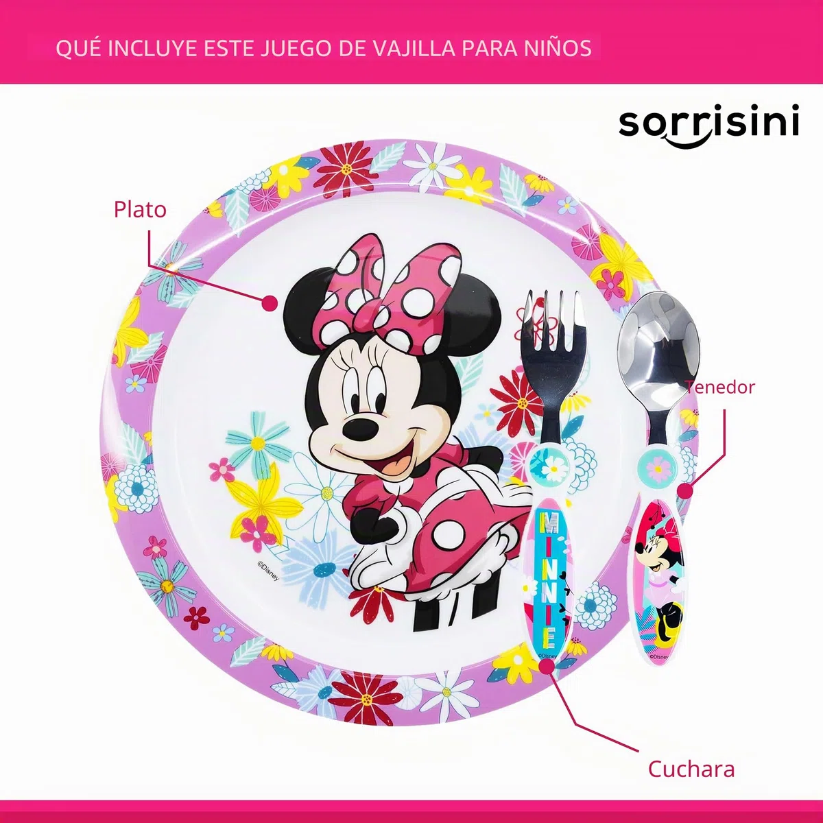 Vajilla Infantil Reutilizable Apta Para Microondas Para Niños Minnie Mouse, Juego de Desayuno para la Primera Comida Cubiertos, Tenedor, Cuchara de Acero Inoxidable y Plato, sin BPA