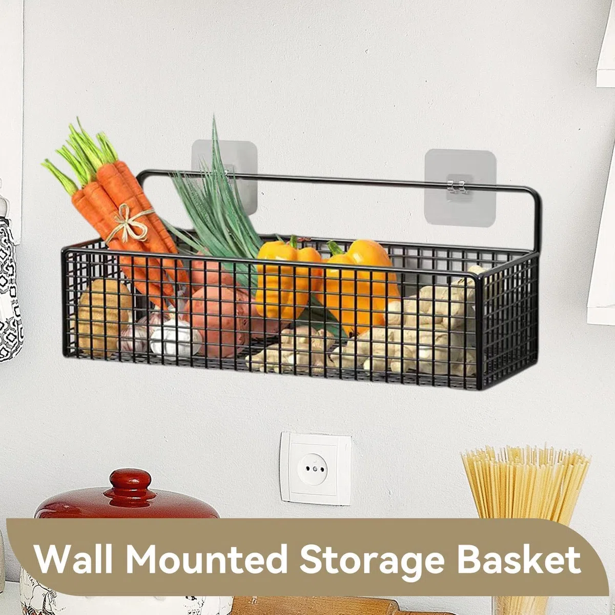 Cesta colgante de pared, cesta de almacenamiento de alambre, estantes de pared de cocina, cesta de almacenamiento colgante, estante de pared de alambre para cocina de oficina en (Negro)