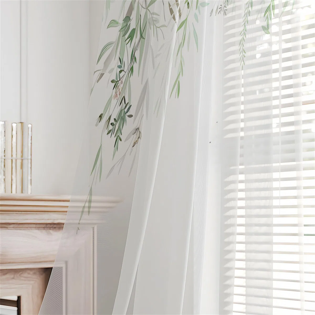 Odot Cortinas de Salon Translucidas con Bolsillo para Barra, Patrón Hoja Verde 3D Cortina Ventana Visillo Moderna 2 Piezas para Decoracion Dormitorio Comedor Cocina