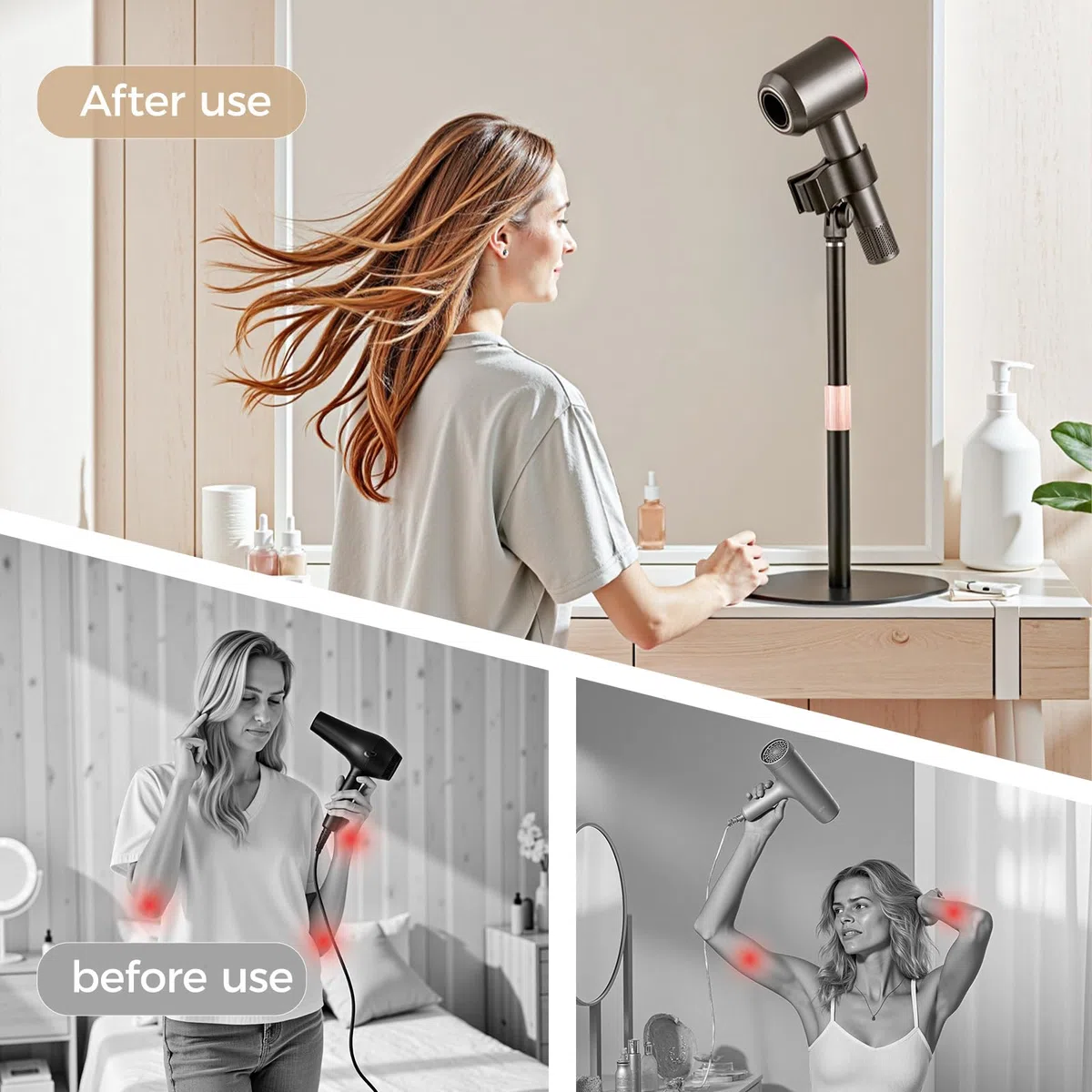 Soporte para secador de pelo, manos libres, giratorio 360 grados, altura ajustable, duradero y compatible con el 99% de los secadores.