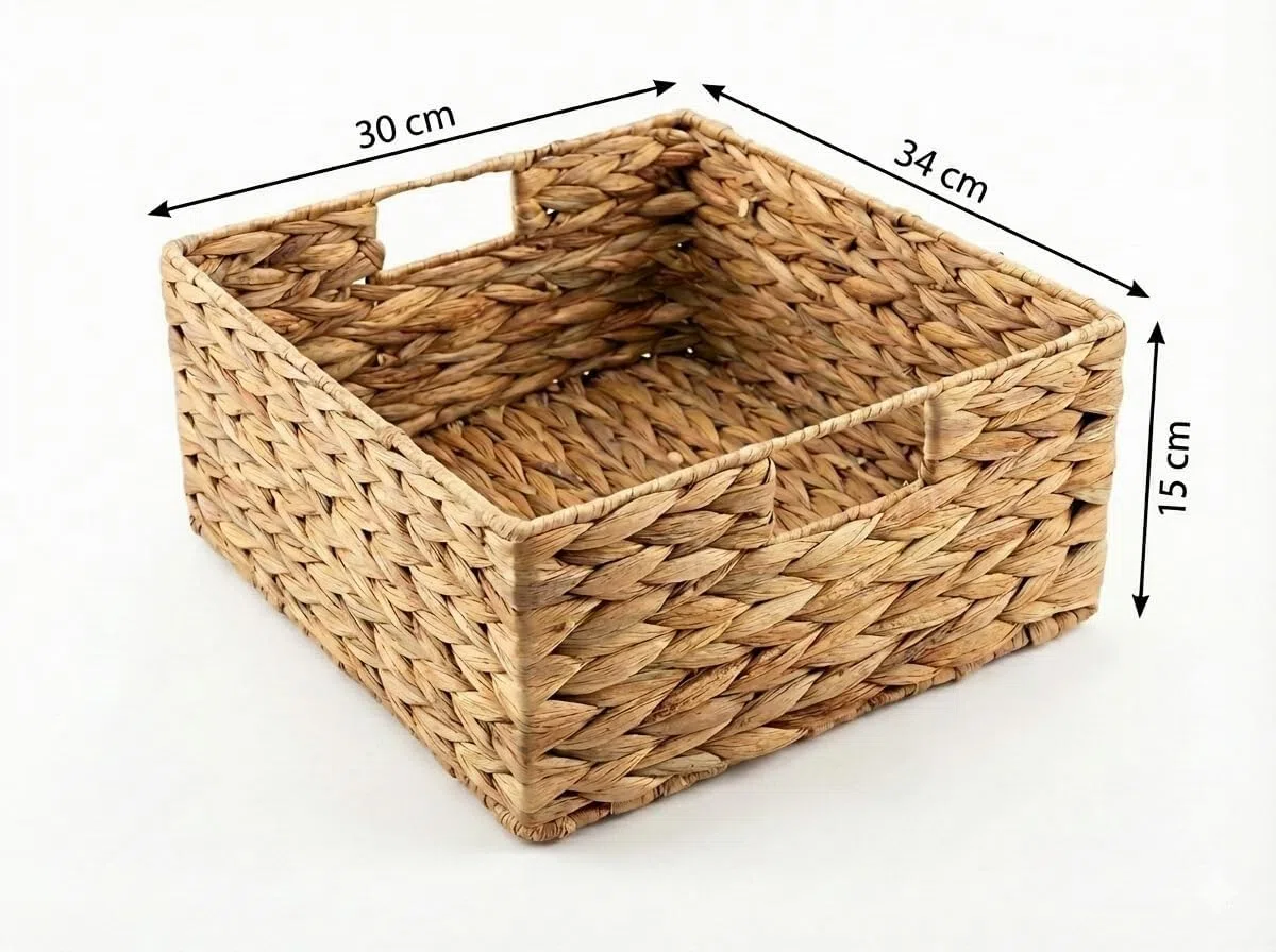 Cesta de almacenamiento sostenible de jacinto de agua, tejida a mano, apta para estantes Kallax (medio compartimento), 30 x 34 x 15 cm, color natural