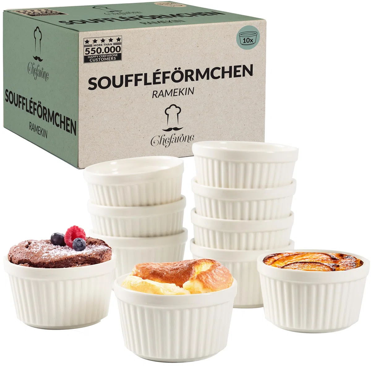 Chefarone Juego de moldes para soufflé, aptos para lavavajillas, cuencos de cerámica para hornear y preparar, mini cazuelas de 200 ml, juego de 10 unidades, color blanco (9 x 7,5 x 5 cm)