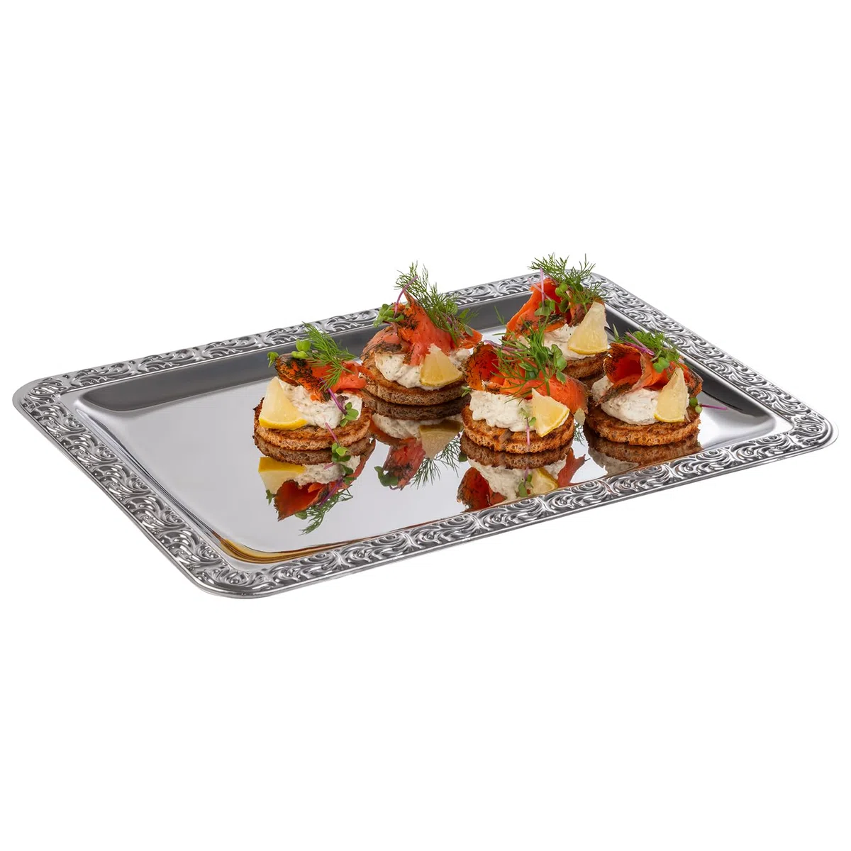 APS Bandeja de acero inoxidable con borde decorativo, 35 x 24 cm, rectangular