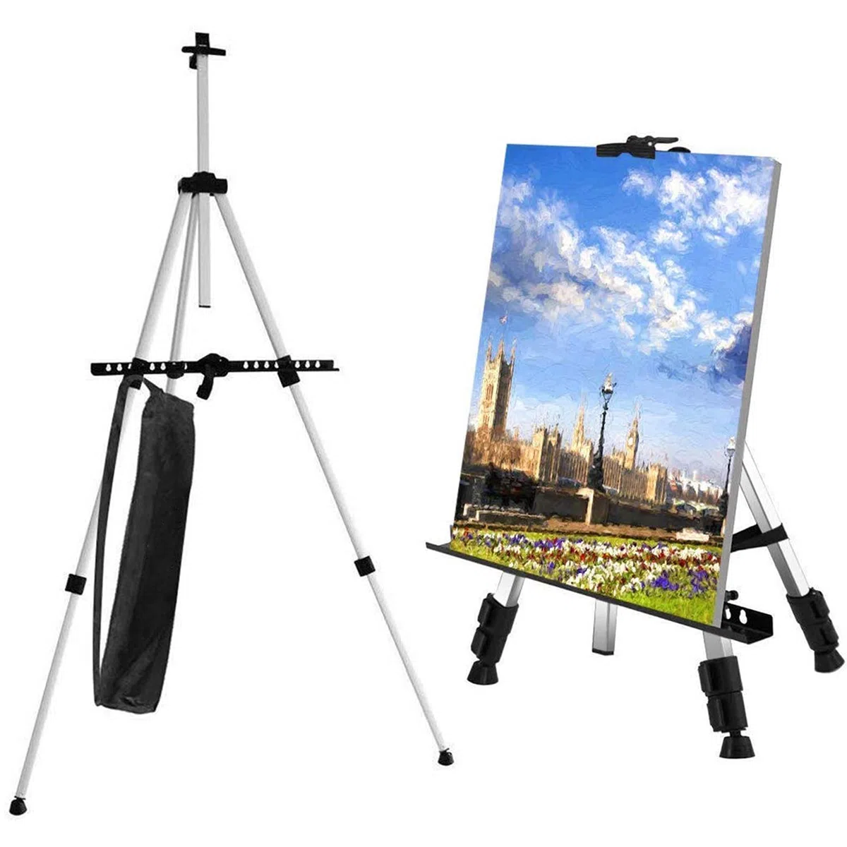 Caballete de Campo Plegable Multifuncional con Bolsa de Transporte para Pintar, Trípode de Aluminio, Altura Ajustable de 60 a 162 cm, Estable y Liviano, Póster (Plata)