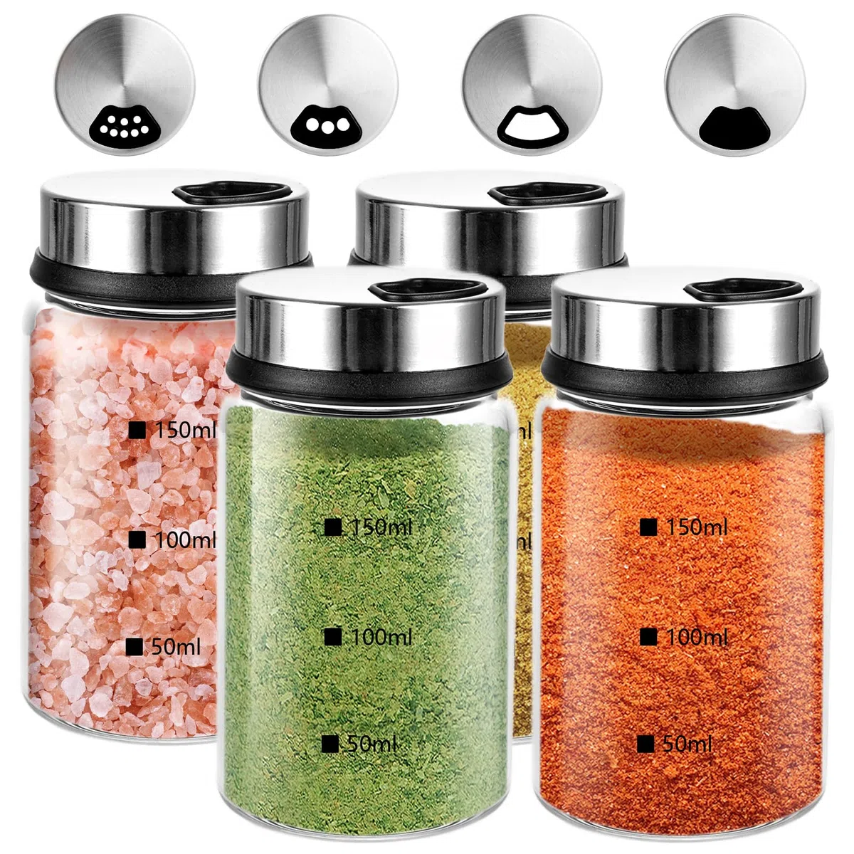 4 Piezas Botes Especias Cristal 150 ml, Botes para Especias con Tapa Giratoria Espejo, Saleros Pimenteros Transparentes para Cocina Mesa Barbacoa