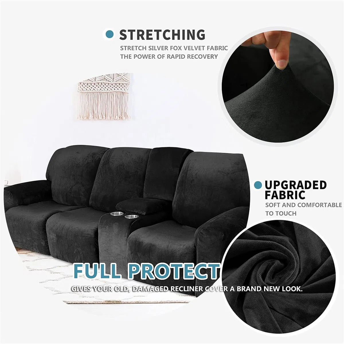 Funda reclinable elástica de Terciopelo con Consola - Tela Lavable Suave y Gruesa - Color Arena de 2 a 3 plazas - ¡Proteja su sofá reclinable con Esta Funda reclinable Premium contra el Desgaste Dia
