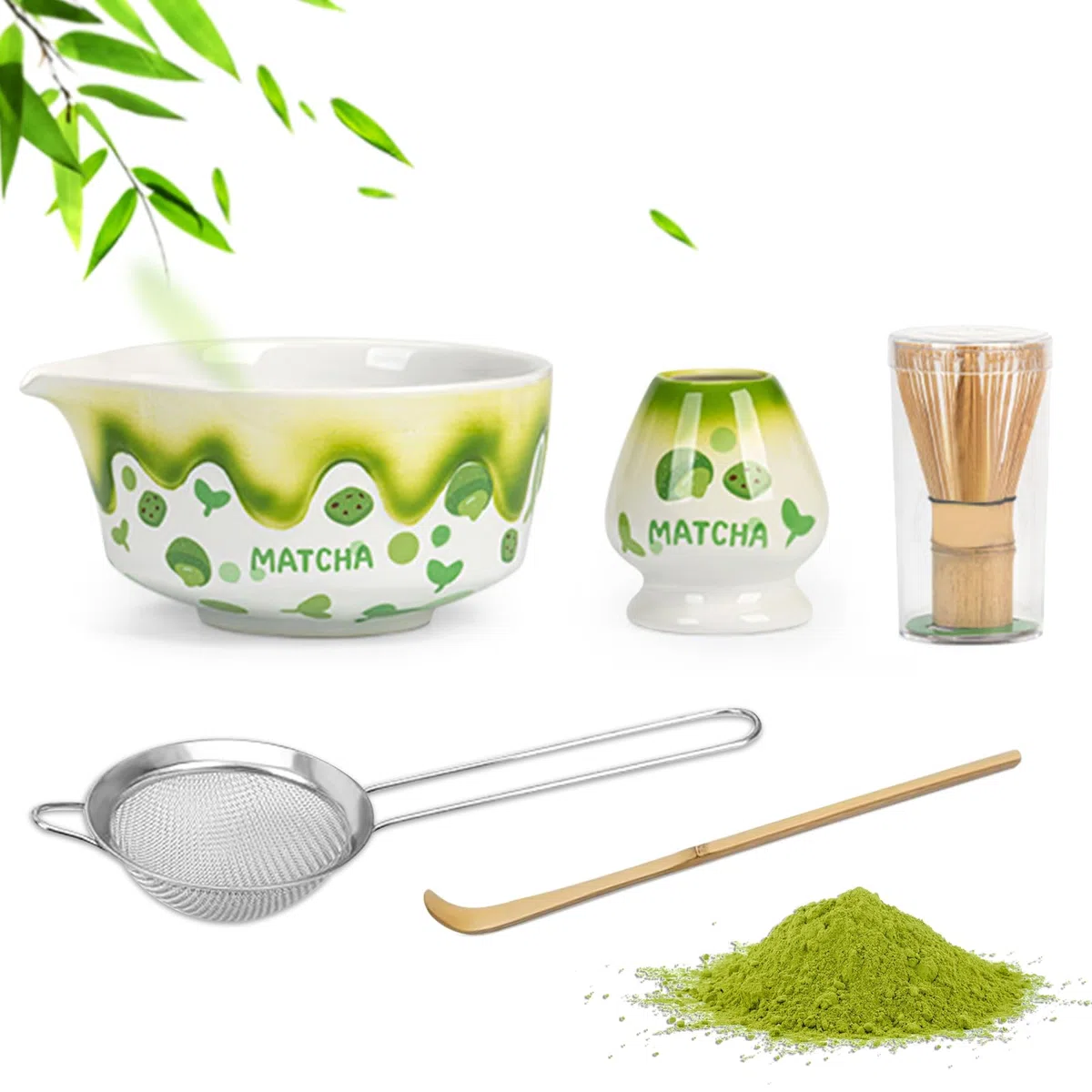 Juego de 5 piezas de matcha, elegante juego de té Macha verde, juego de escoba matcha para los amantes del matcha, accesorios de matcha con soporte para escoba, filtro colador y cuenco