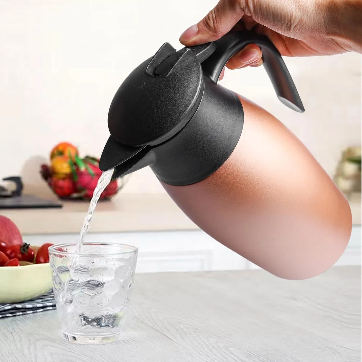 Jarra térmica de 2 L, termo para cafetera, acero inoxidable con asa y boquilla, aislamiento al vacío, jarra aislante de doble pared, para oficina y hogar (oro rosa)