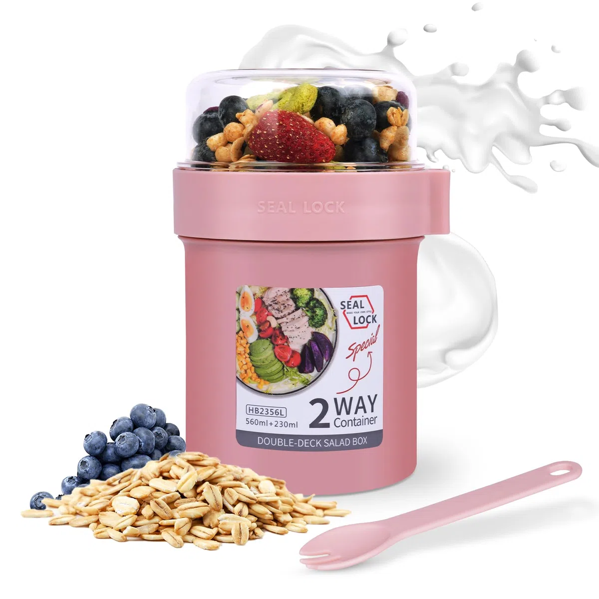 HOTUT Taza de Cereales para Llevar, 560 ml + 230 ml Contenedor De Avena Durante La Noche,Vaso Cereales Con Tapa Y Cuchara,Sin BPA,Compartimentos Separados,Vaso Desayuno To Go (Rose)