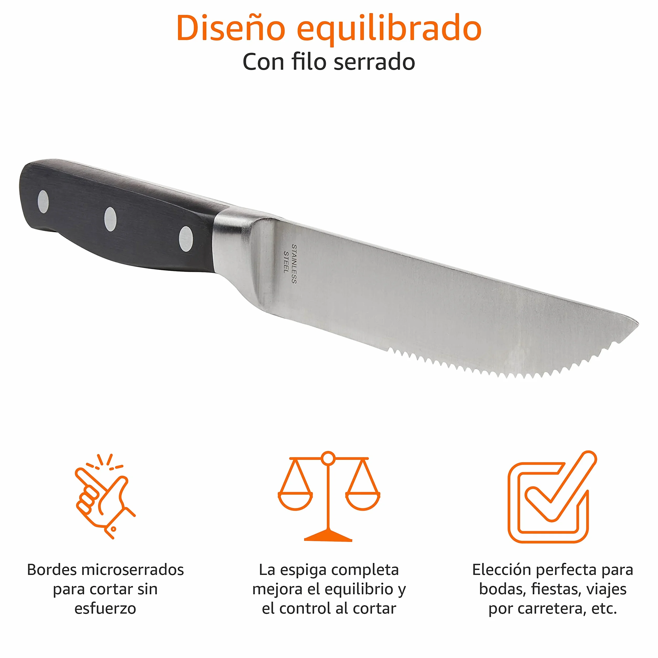 Amazon Basics Juego de cuchillos de carne, 8 Unidad, Negro/Acero inoxidable cepillado