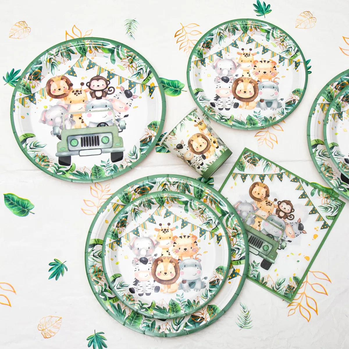 Vajilla Desechable Jungle Safari, 96 Piezas Vajilla Desechable Animale, Verde Salvia Platos Cumpleaños Infantil, Platos Tazas Servilletas Animale para Jungle Safari Cumpleaños Baby Shower 24 Invitados