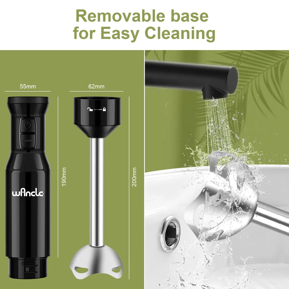 Batidora de mano, Wancle 600W batidoras, Función Turbo, para alimentos para bebés, batidos, salsas y sopas (Black)