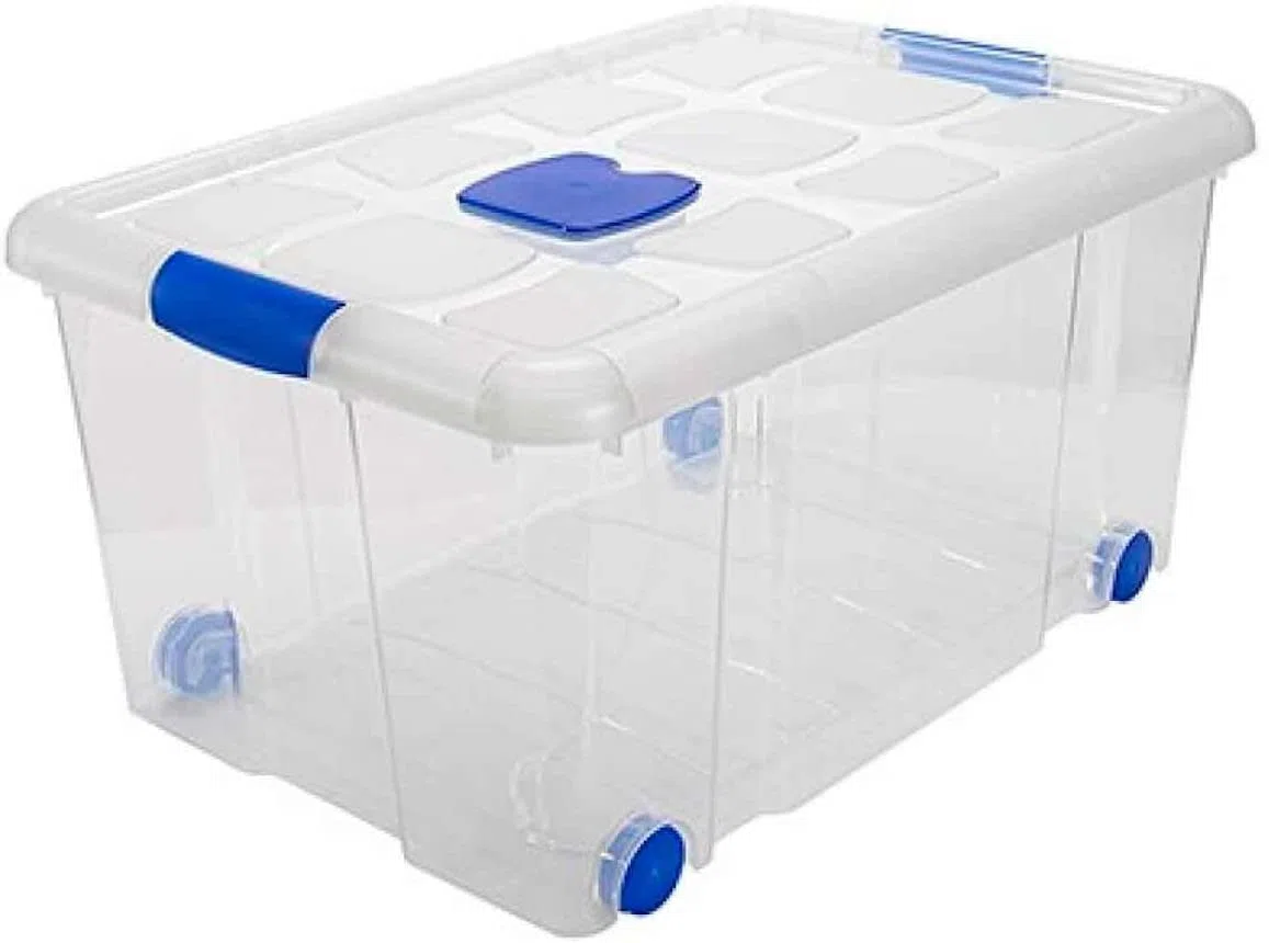 AC - Caja de ordenación de plástico Transparente nº5 con Ruedas. Capacidad 57 litros, Dimensiones 31 x 61.5 x 44 cm