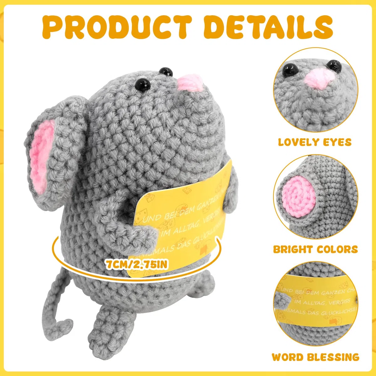 Amuleto de la suerte Pocket Hug Mouse Patata, Lana de punto Muñeca Ratón Muñeca Positivo Mutmacher, Regalo para Buena Recuperación e Inscripción