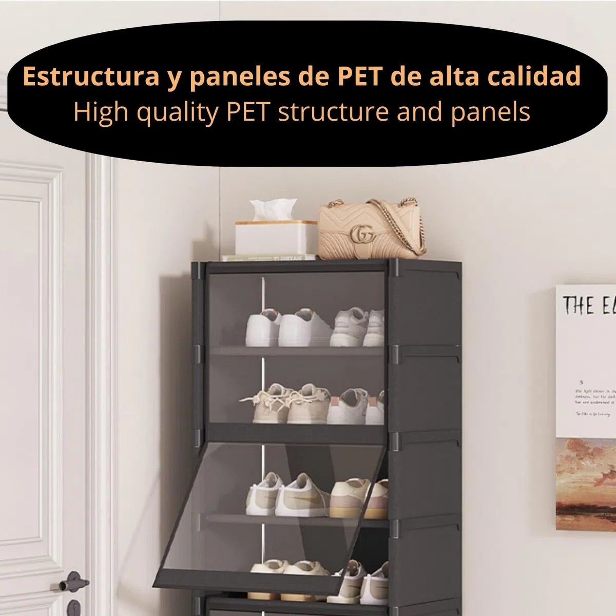 Organizador de zapatos de tela textil, Zapatero auxiliar, Compacto de varios niveles, Cierre magnético, Vertical, Tubo metal (6 estantes)