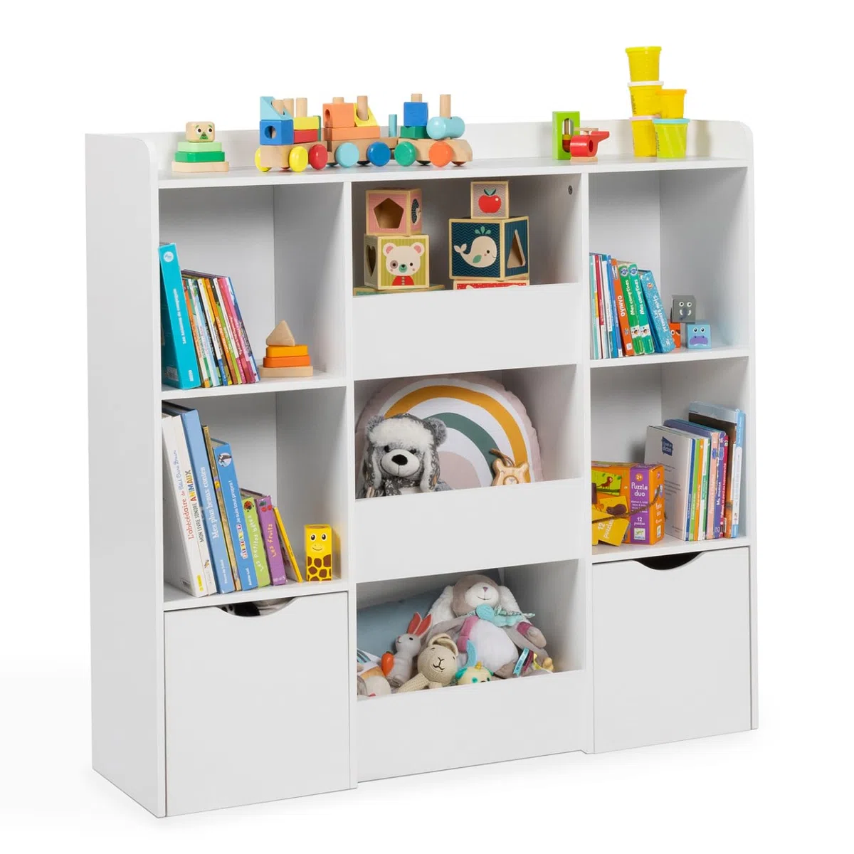 IDMarket Mana - Mueble de almacenamiento infantil con 5 estantes, 3 bandejas y 2 cubos con ruedas, color blanco