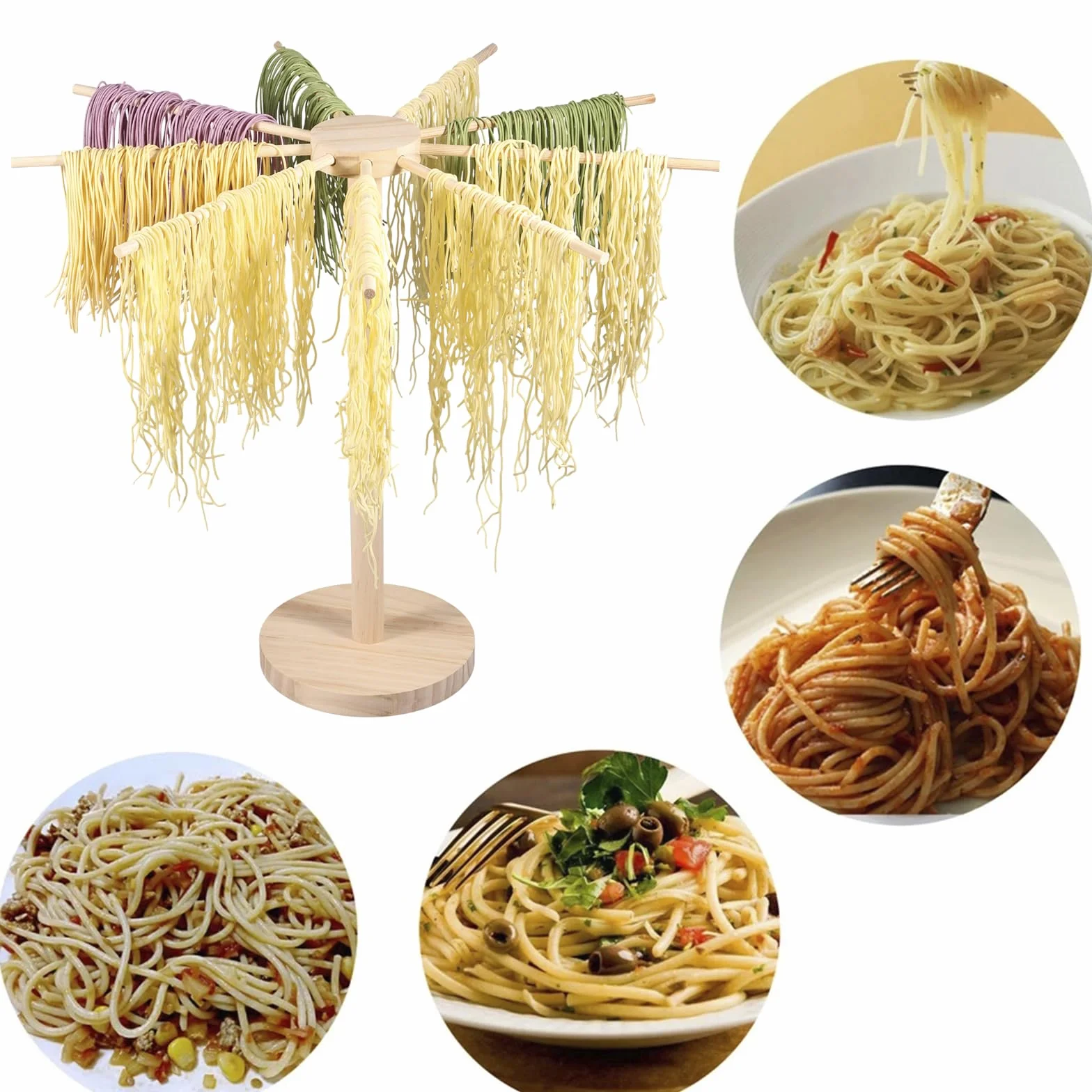 Secador de pasta de madera, 46 cm x 40 cm, para hasta 4,5 kg, con 9 brazos extraíbles, reutilizable, para pasta y fideos (A)