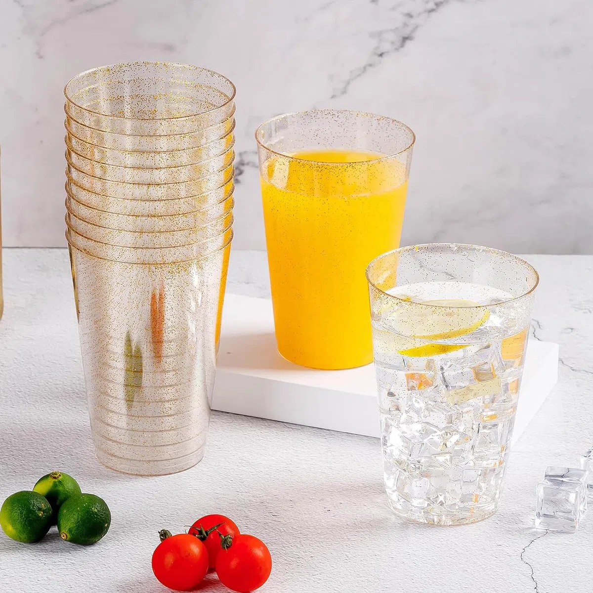 50 vasos de plástico duro con purpurina dorada, 360 ml, vasos de plástico reutilizables transparentes para fiestas, bodas, cumpleaños