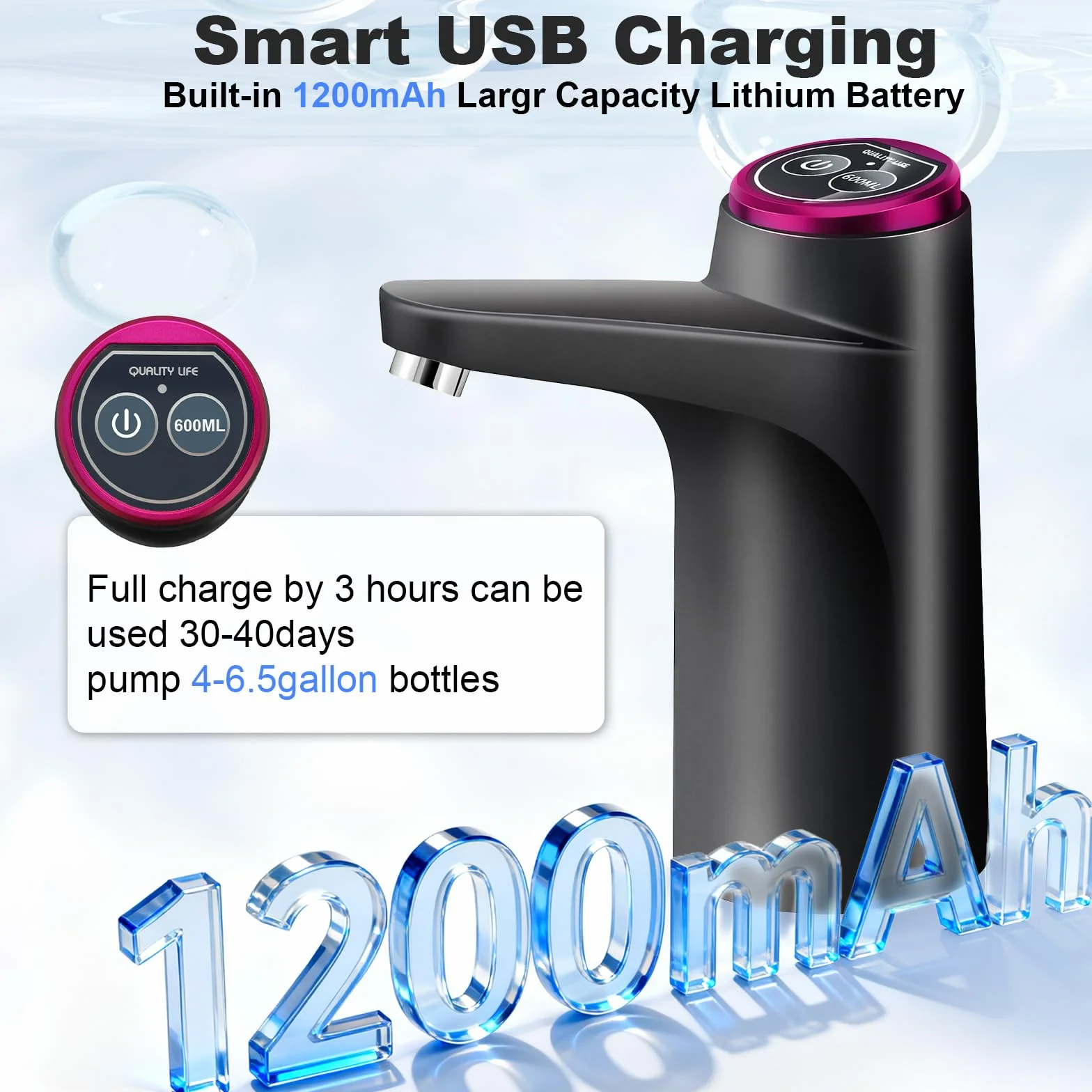 Bomba para botellas de agua, bomba de agua potable automática con USB, dispensador de agua, bomba de agua de 5 galones para cocina, hogar, oficina, camping