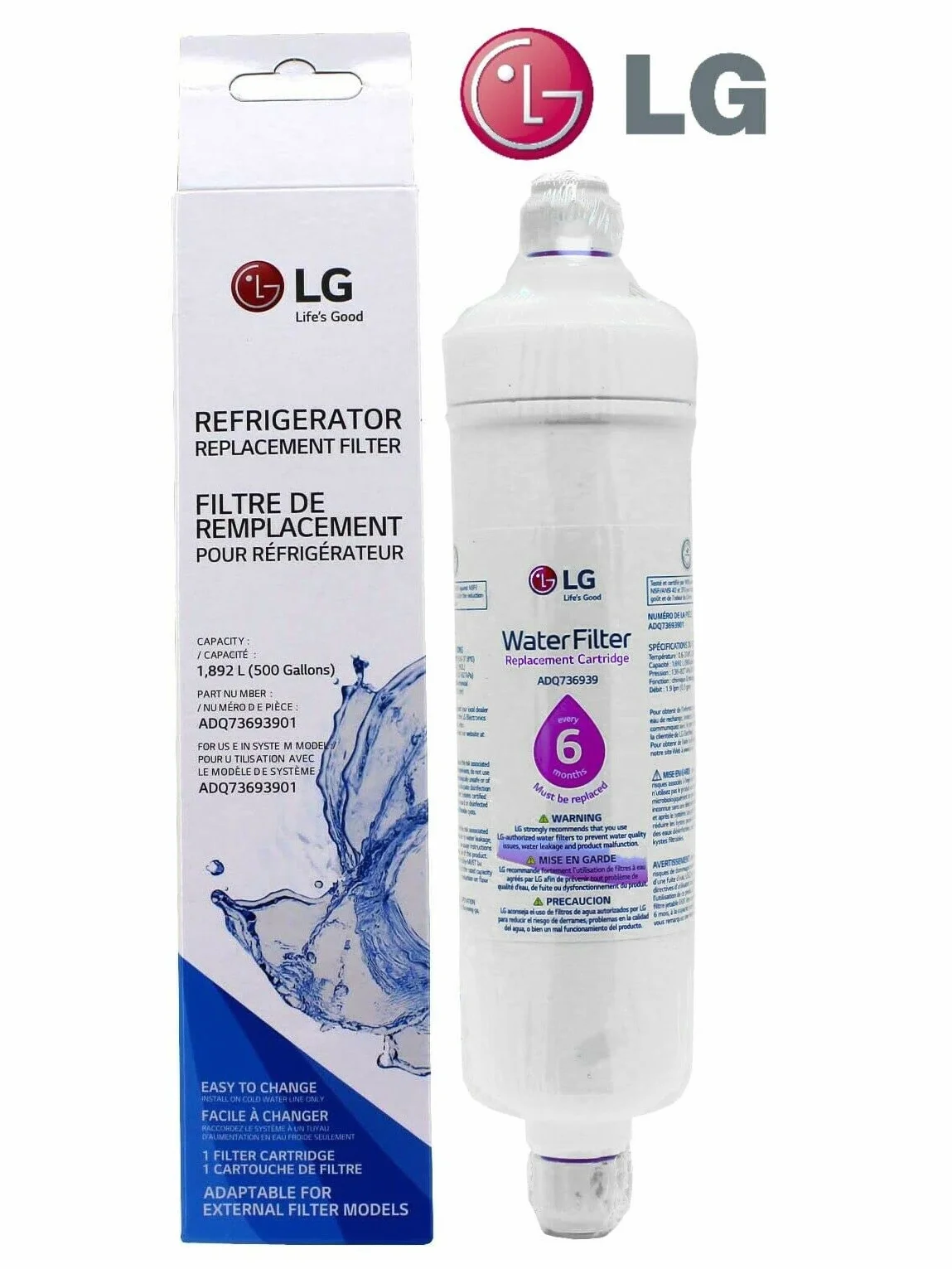 LG ADQ73693901 Cartucho de filtro de agua de repuesto para refrigerador con ajuste a presión (1 unidad)