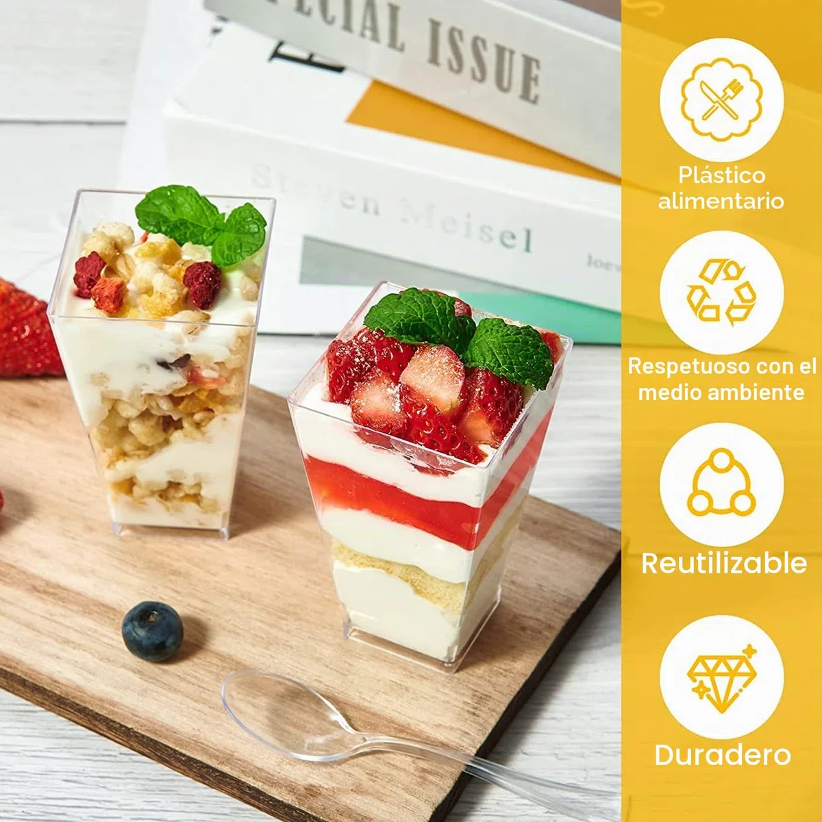 KAHEIGN 60 Piezas Mini Tazas de Postre, 90ml Vasos de Postre Altos Cuadrados de Plástico Copa de Aperitivo de Parfait Transparente Tazón para Servir Reutilizable para Mousse Pudín (3,8 x 8,3cm)