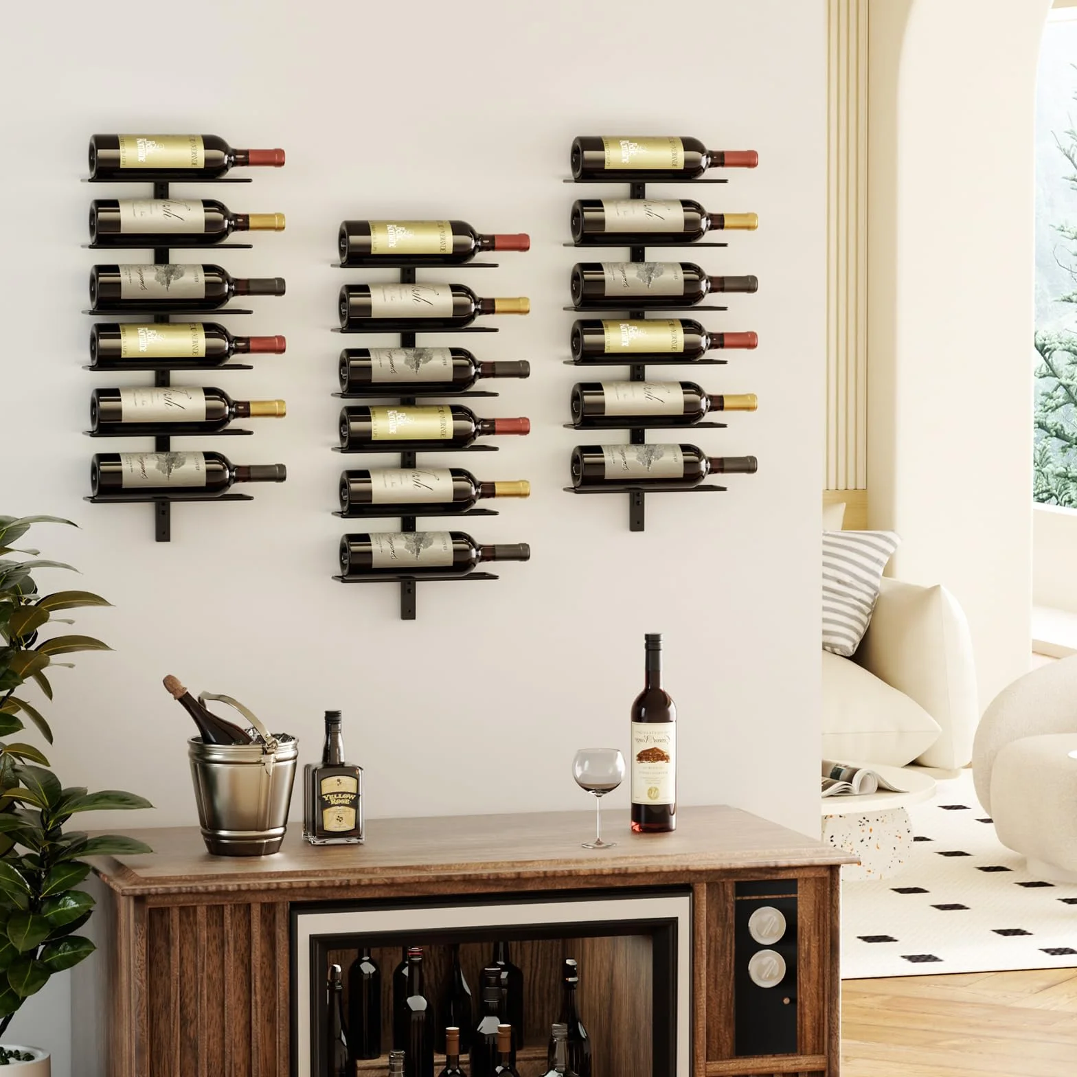 Estante para vino de pared para 18 botellas - Estante para vino de pared de metal para botellas de vino, licor y champán, soporte de exhibición de almacenamiento de vino resistente para bar en casa