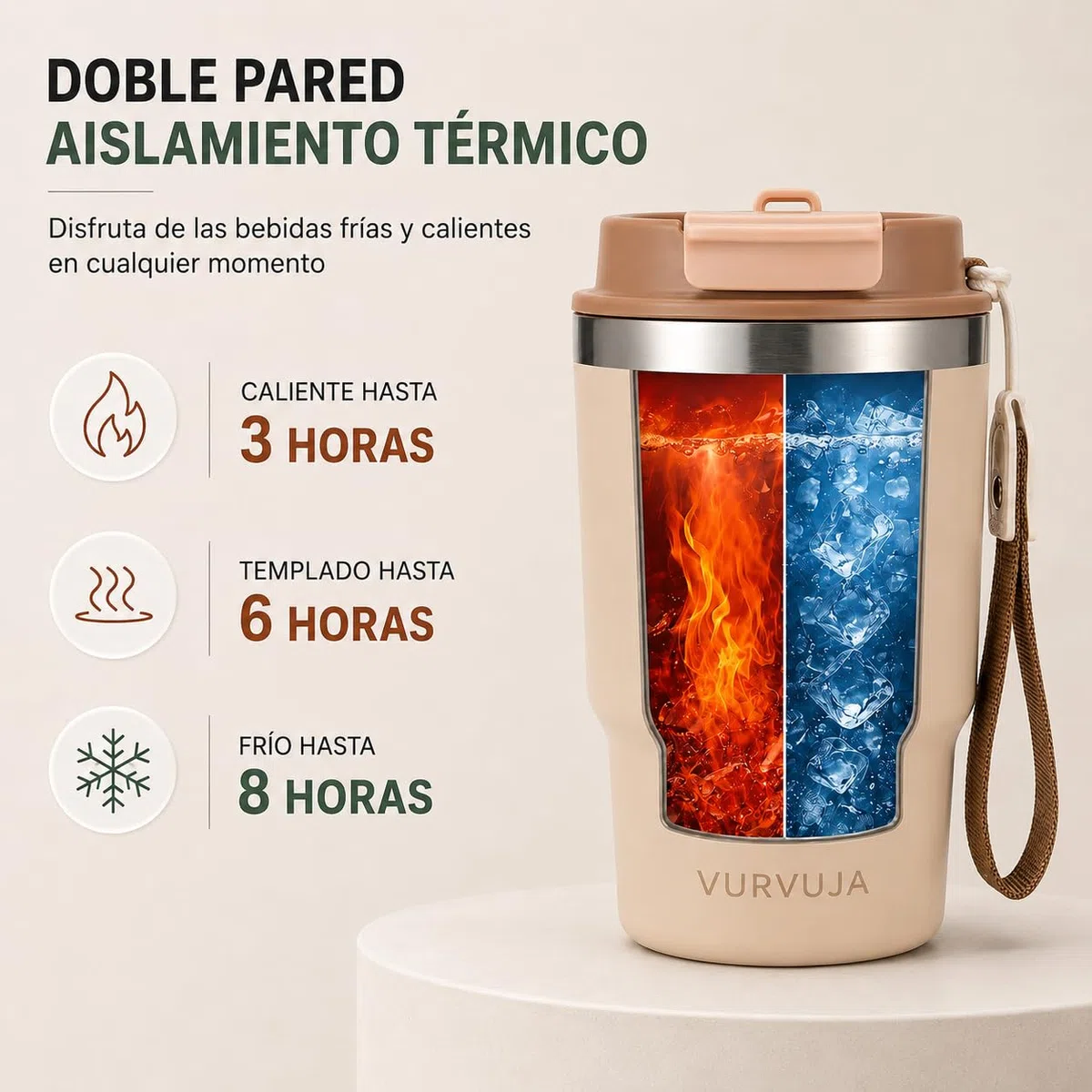 Vaso Termico 470ml de Acero Inoxidable 3en1 con Pajita y Tapa Antifugas. Taza Termica con Correa Integrada, Reutilizable y sin BPA. Termo Cafe para Llevar con Doble Pared para Frío y Calor. (Sand)