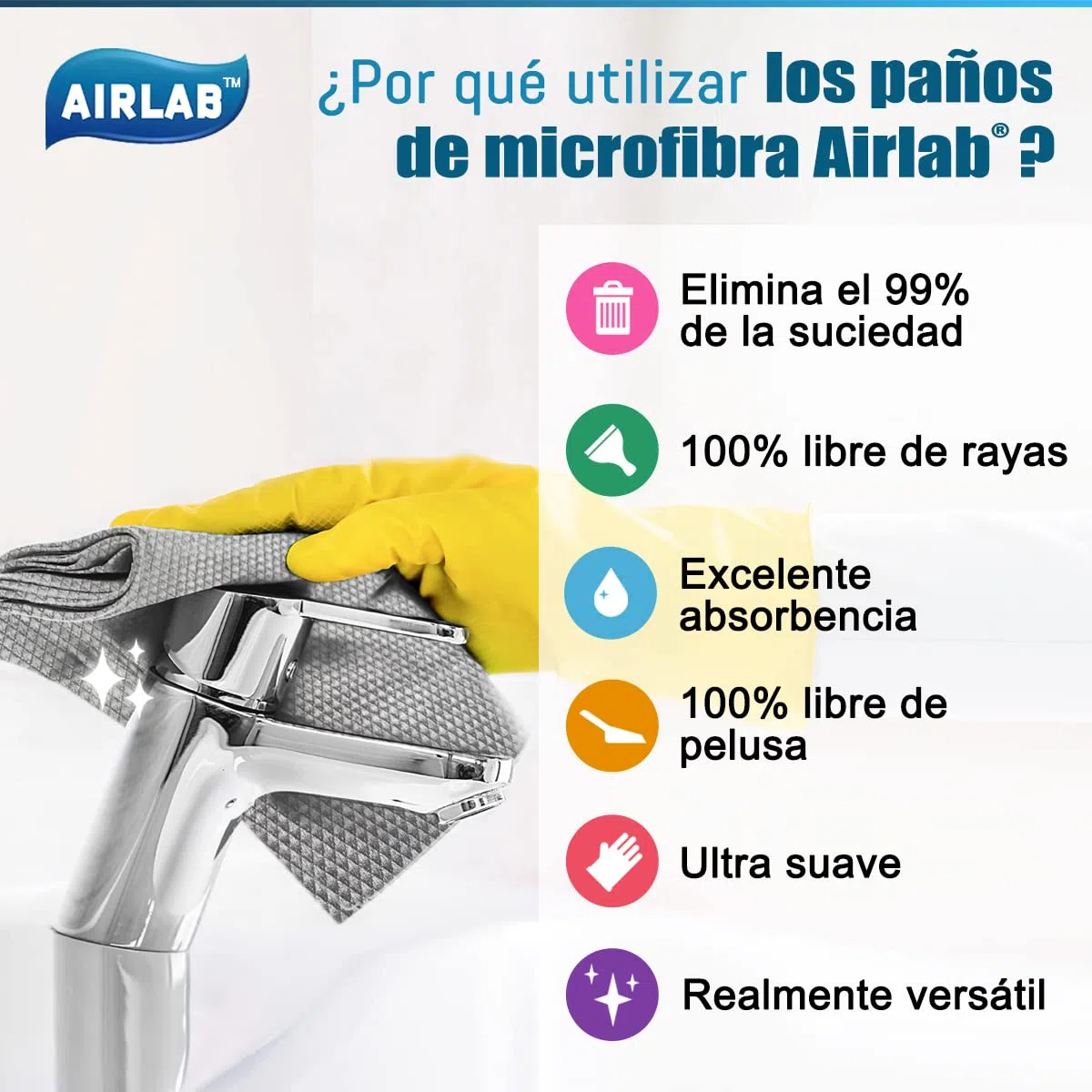 Airlab 8X Nano Paños de Limpieza Magico, Bayetas de Microfibras para Cristales sin Rayas, Trapo Balletas para Cocina Coches Automóviles Ventanas Vidrios Espejos Grifos Baño, 40 x 30 cm