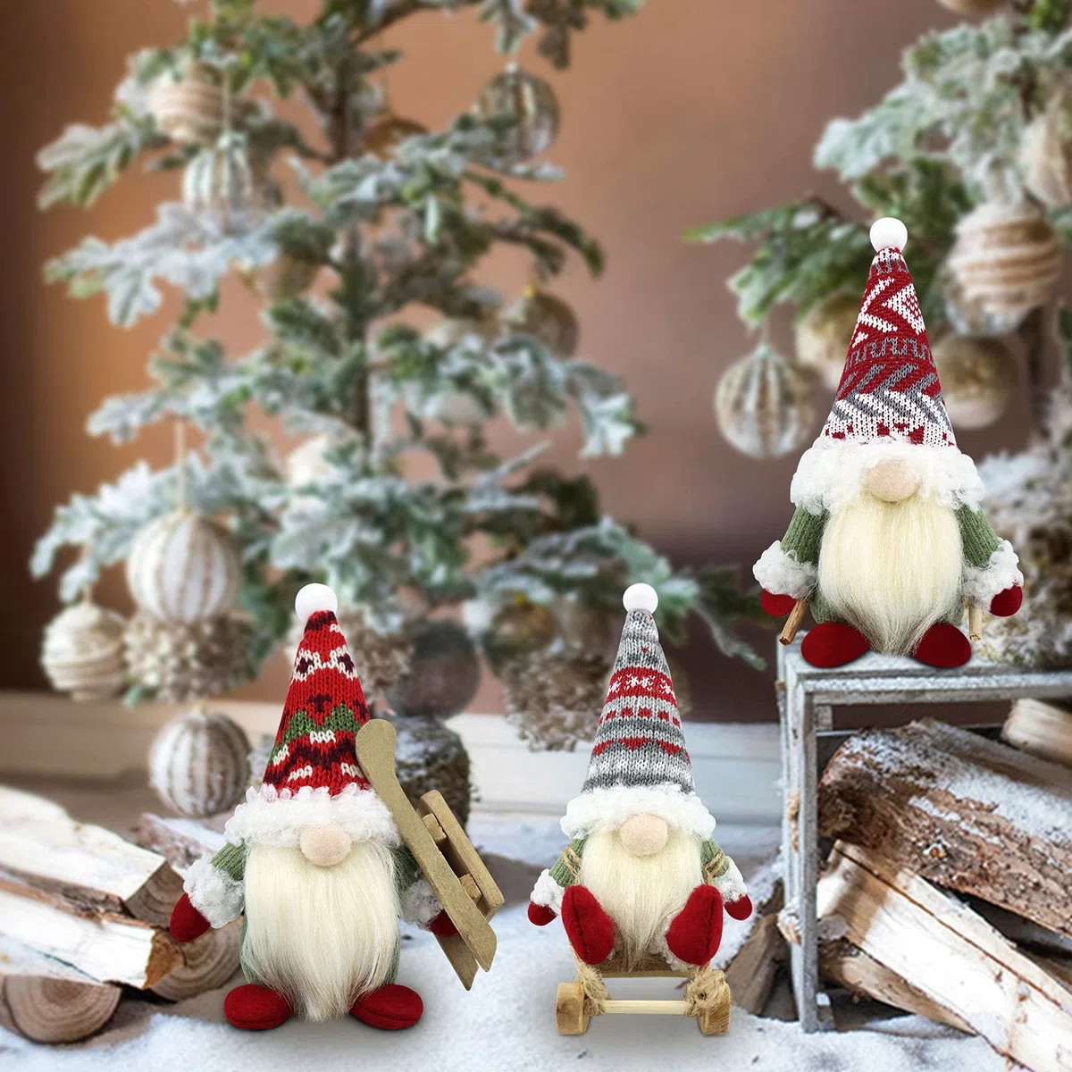 Gehydy Gnomo Navidad Decoración Juego de 3 Trineo Navideñas Christmas Decor para Hogar Casa 18cm - Rojo