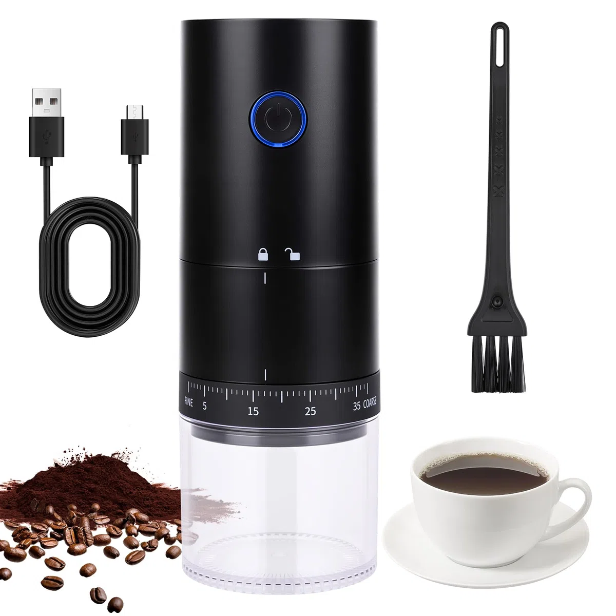 Molinillo de Café Eléctrico, USB Rechargeable Molinillo de Cafe, 38 Ajustes de Molienda, Portátil Molino Café Expreso, molinillo de Semillas o Especias para Hogar, Oficina (Negro)