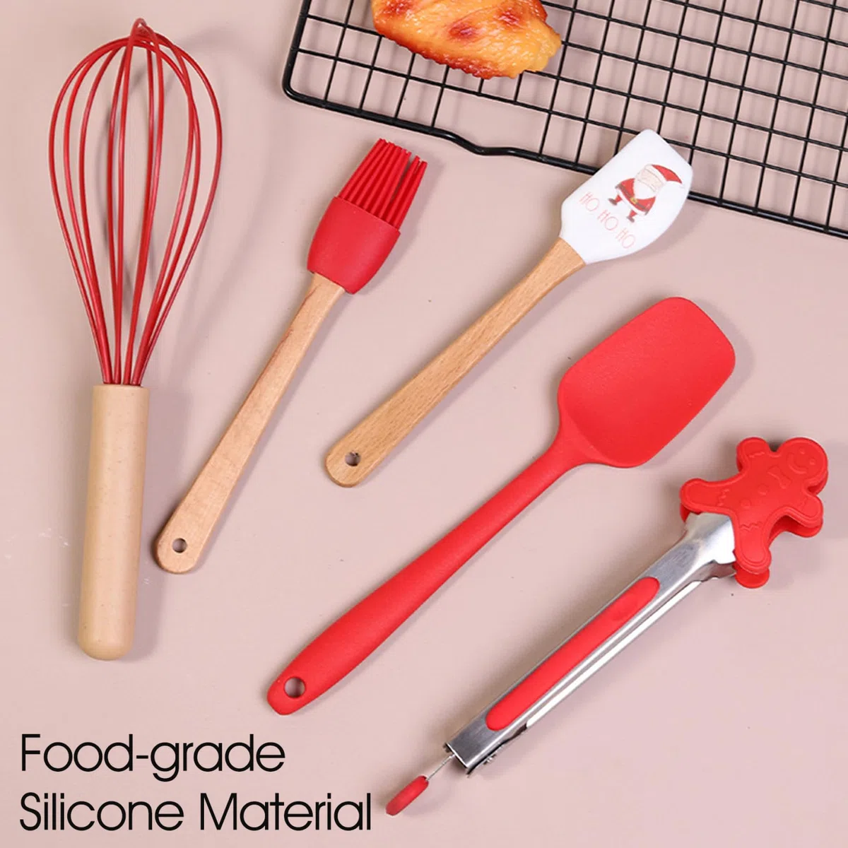 Juego de 5 piezas de suministros para hornear navideños, espátula navideña temática de grado alimenticio con cepillo para batir y pinzas, lindo juego de herramientas para hornear para cocinar, saltea