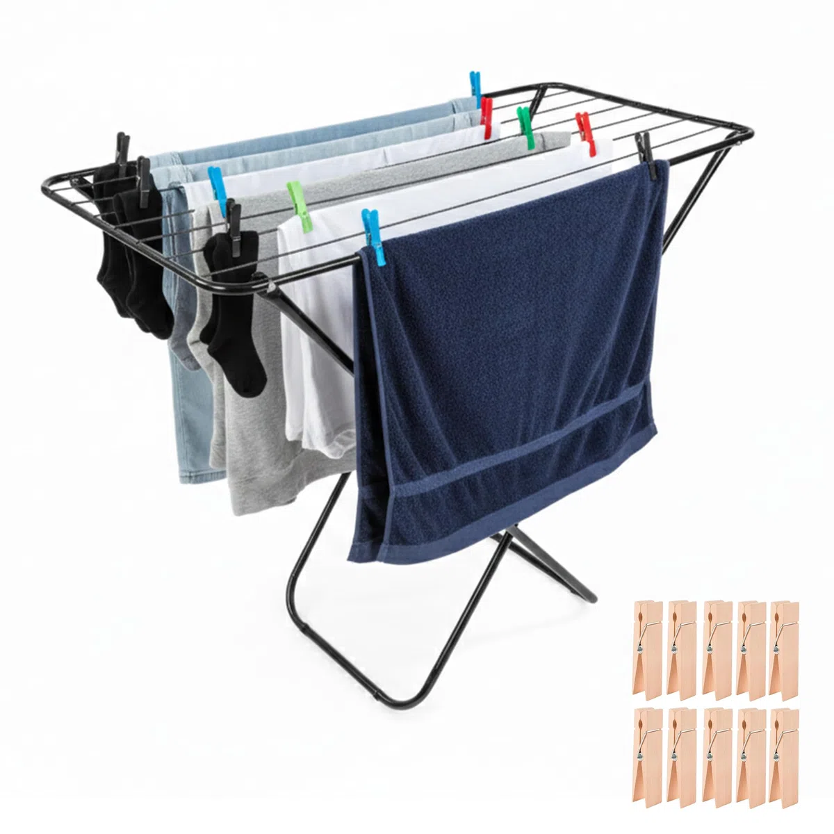 HERSIG - Tendedero Plegable - Tendedero de Ropa - Tendederos Interiores Plegables - Tendedero Interior y Exterior para Ropa con Gran Capacidad de Tendido- Hierro - Color Negro - 10m