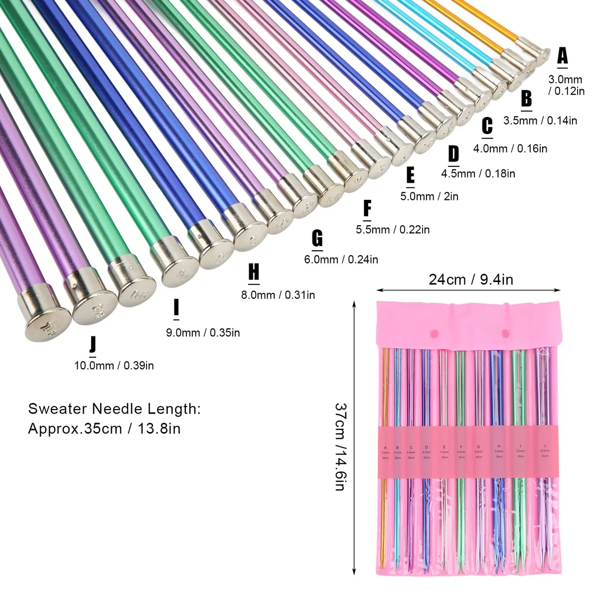 Juego de agujas de tejer de colores 35 cm de largo Juego de agujases de tejer para suéter agujas de punto único superlargas agujases de tejer de metal rectas 3-10mm Para Proyectos De Tejido Bufandas