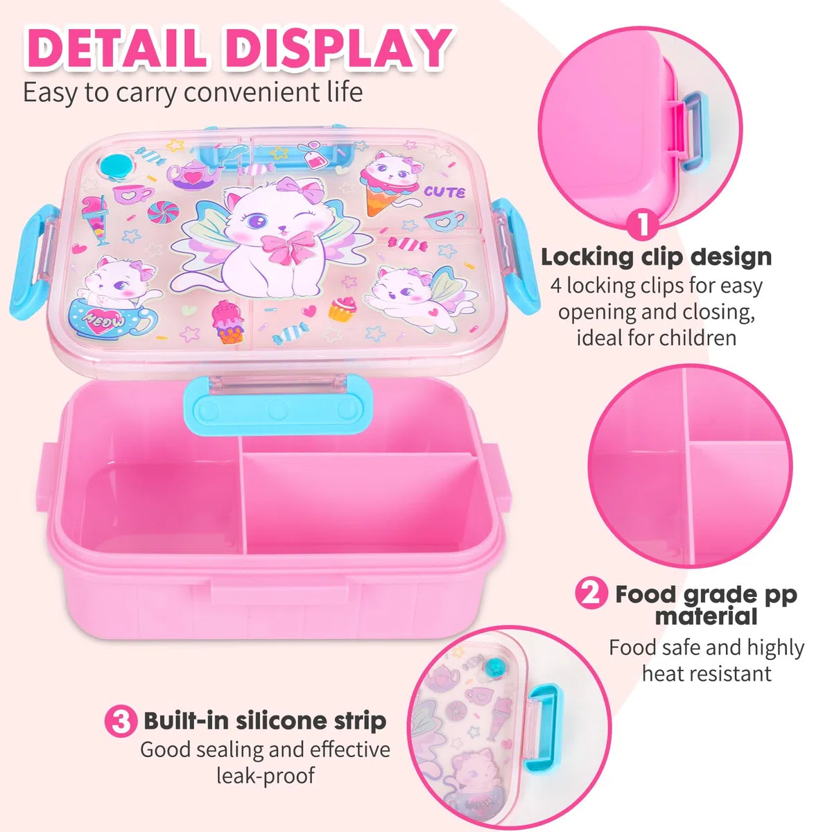 PinkSheep Loncheras Bento para niños, 1200 ml, sin BPA, a prueba de fugas, con 3 compartimentos para niños y niñas (gato)