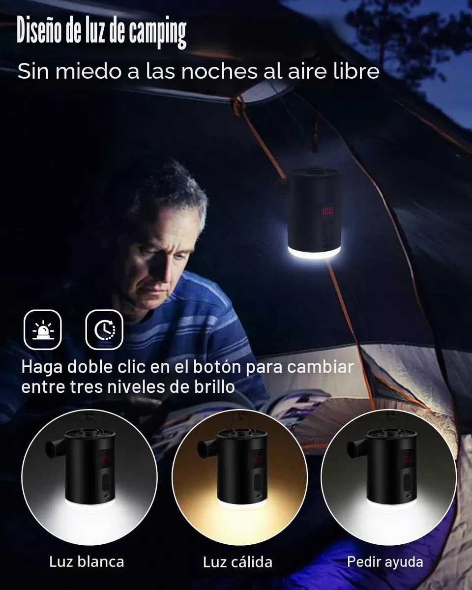 Bomba de Aire Eléctrica 4000mAh Batería Recargable con 3 Boquillas, Inflador Eléctrico Portátil, con Fuente de Luz, se Puede Colgar, Adecuado, para Barco Inflable Piscinas Colchones de Cama, Inflador