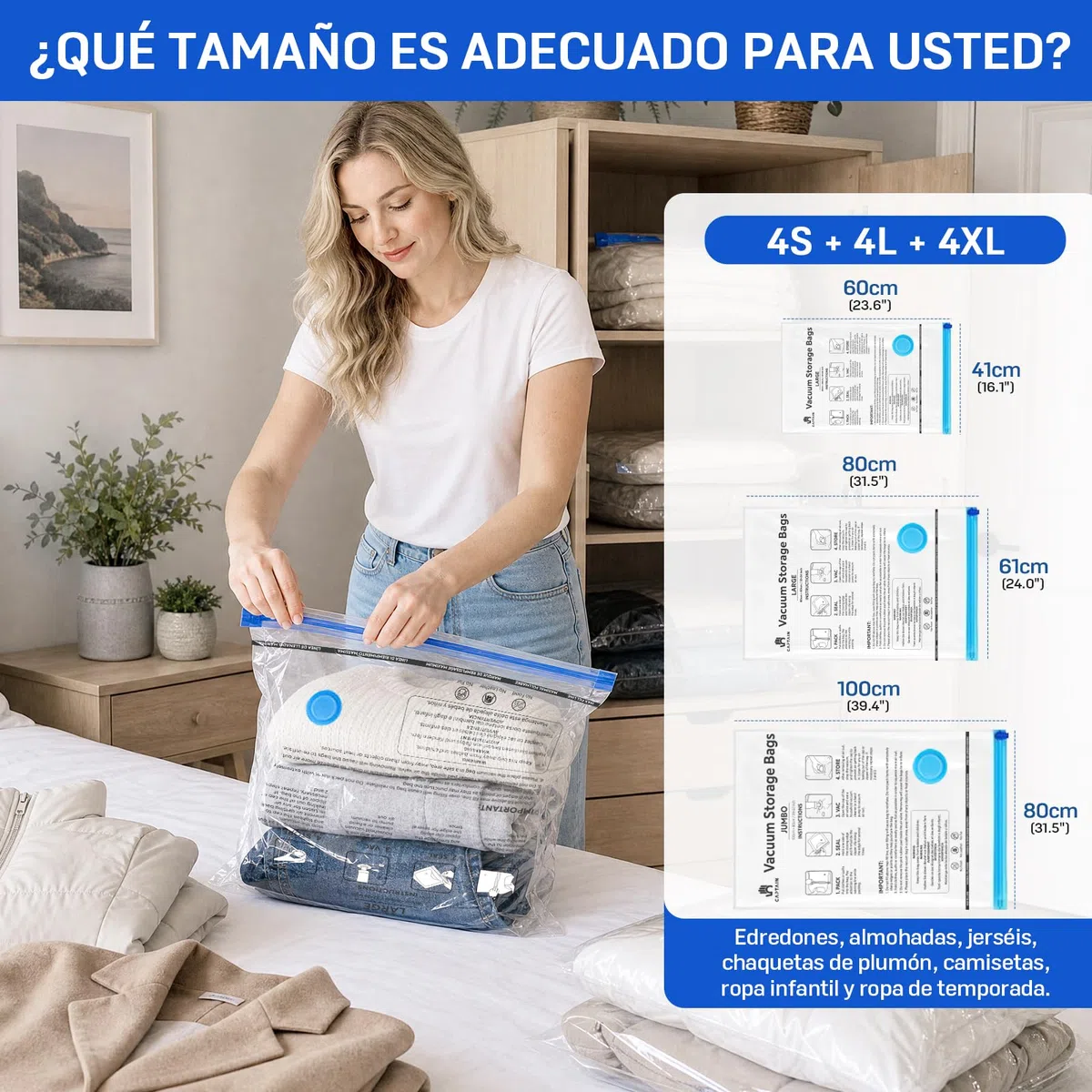 CaptainFive Bolsas Vacio Ropa 12 Piezas con Bomba Manual, 4 Jumbo 100x80cm + 4 Grandes 80x61cm + 4 Pequeñas 60x41 cm, Bolsas de Almacenaje al Vacio para Ropa, Edredones, Mantas y Viaje