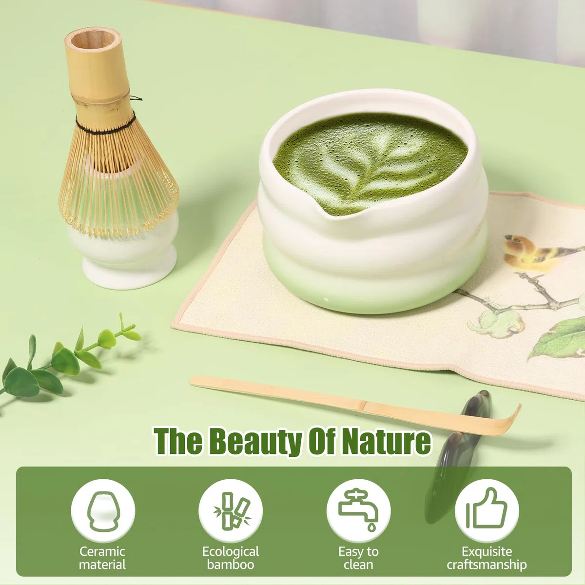 Juego de escobas Matcha con accesorios: cuchara, batidor, portaescobas, colador, whisk, juego de té tradicional para los amantes del té