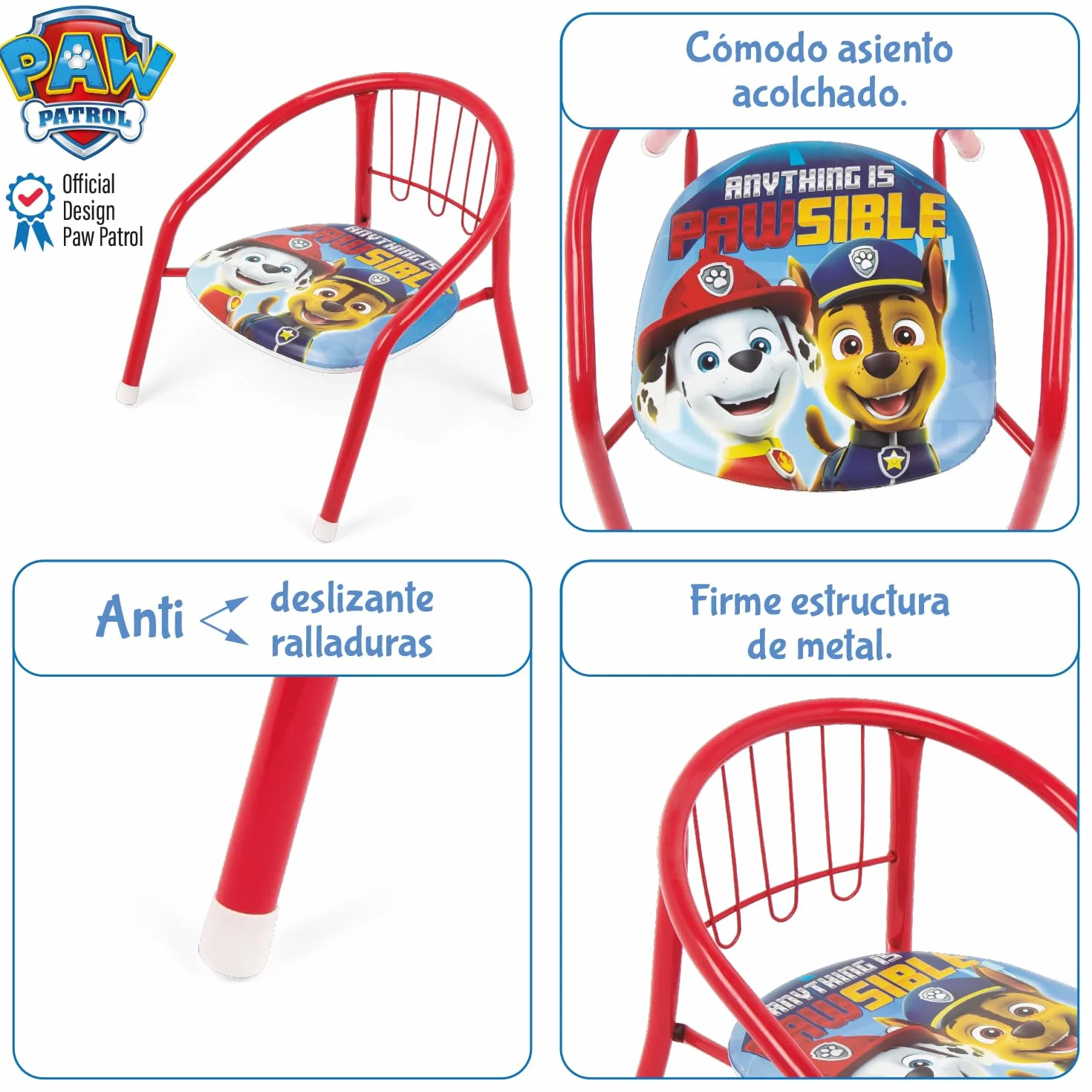 ARDITEX Silla Infantil Patrulla Canina, Silla Metal 35,5 x 30 x 33,5 cm Roja