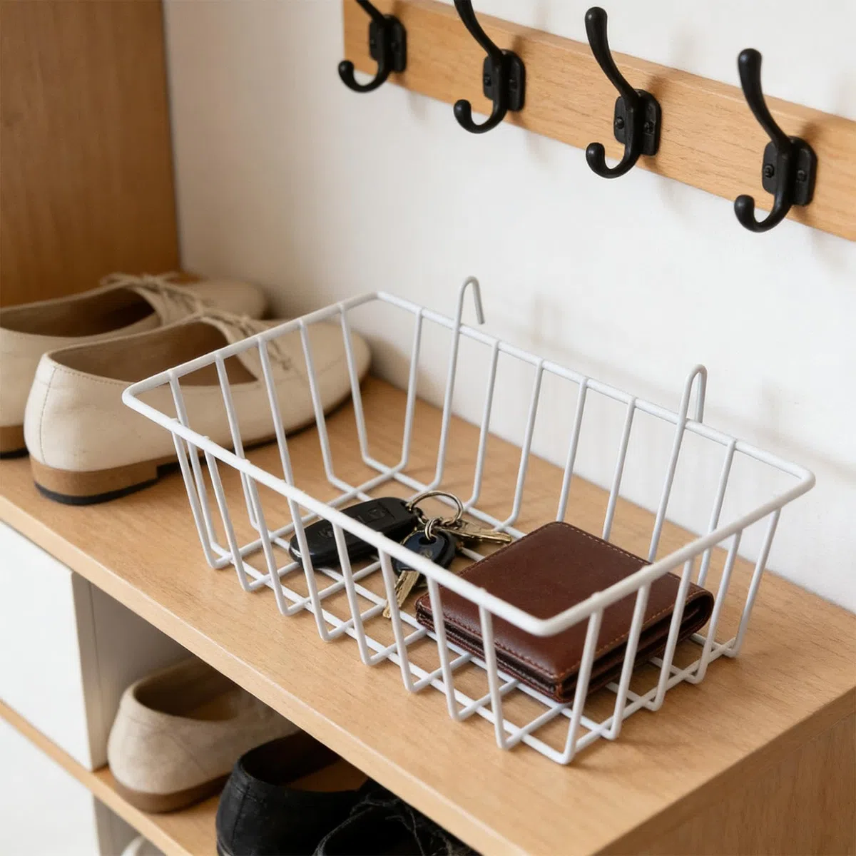 Cesta de Almacenamiento Colgante Hecha de Alambre de Metal, Organizador de Pared con Ganchos, Construcción de Hierro, Adecuada para Cocina, Despensa, Blanco, Individual