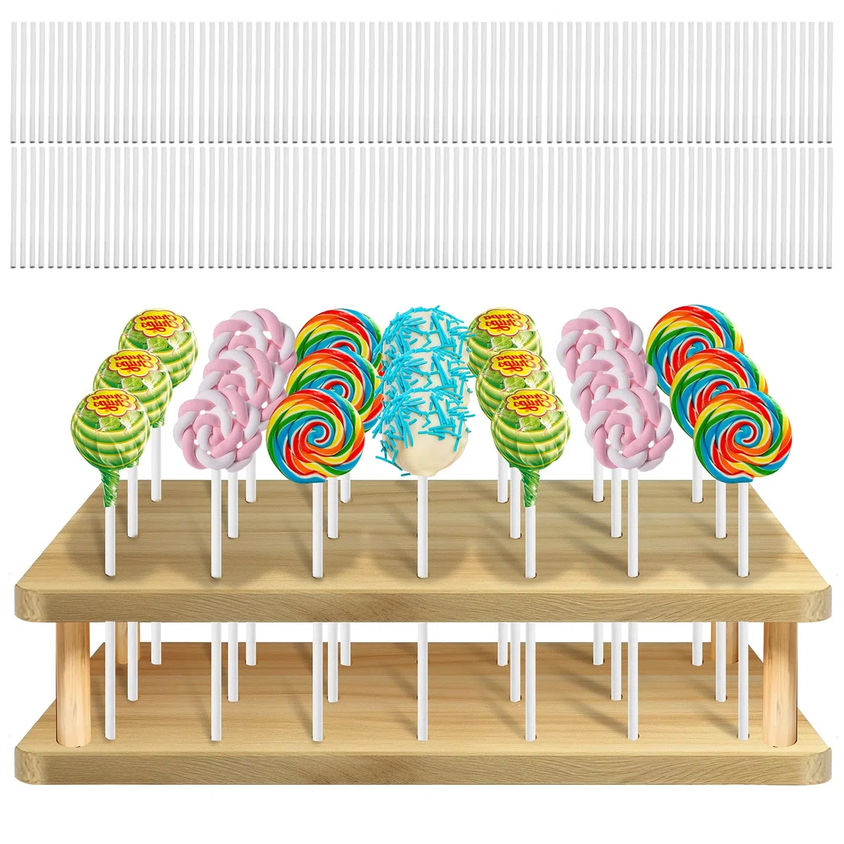 Soporte para Cake Pop: Madera Soporte de Piruletas de 21 Agujeros con 100 Palitos de Papel Blanco, Soporte para Piruletas para Bodas, Fiestas de Cumpleaños, Baby Showers, Aniversarios