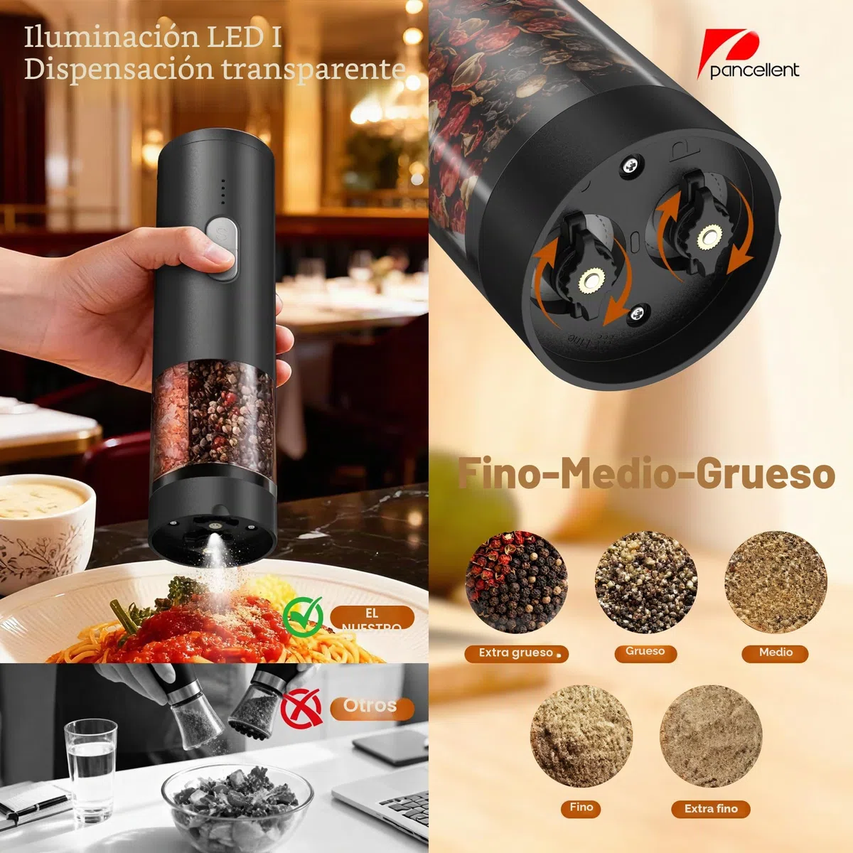 Juego de molinillo eléctrico de sal y pimienta 2 en 1 (recargable por USB), molinillo automático de sal y pimienta con iluminación LED, funcionamiento con una sola mano, grosor ajustable, perfecto